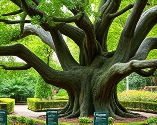 Hearty old trees, witness to generations, illustrating the evolution of tree care practices, photorealistic, positioned in a well-manicured botanical garden with informational plaques, highly detailed, light wind moving branches, ultra-clarity, vibrant greens, soft diffused light, shot with a 35mm wide-angle lens.